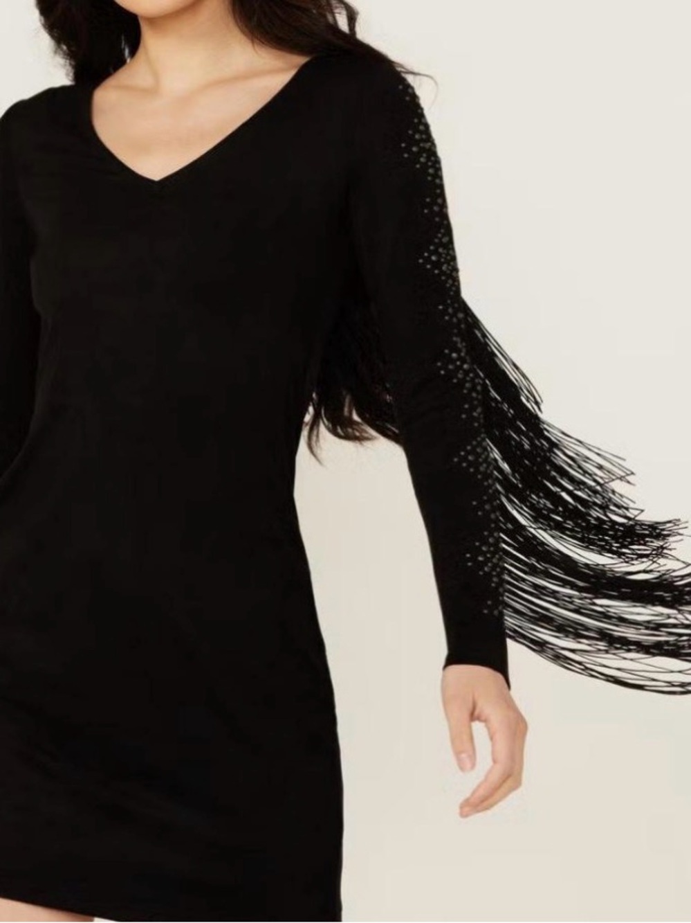 Idyllwind Black Long Sleeve V-Neck Dress with Studded Sleeves and Fringe